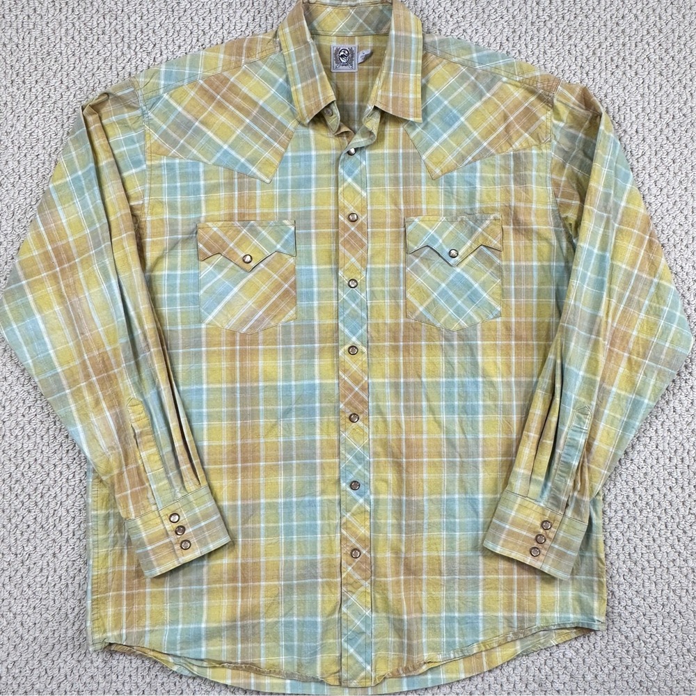 Cinch Shirt Mens Large Green Yellow Plaid Long Sleeve Western Cowboy Pearl Snap